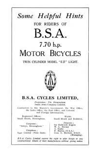 1927 BSA 7.70hp E27 'Light' instruction book