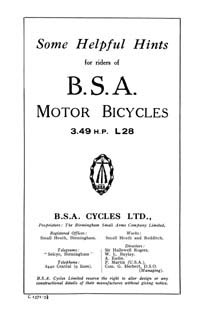 1928 BSA 3.49hp L28 instruction book