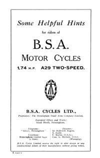 1929 BSA 1.74hp A29 Two speed instruction book