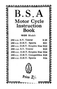 1938 BSA B20 B21 B22 B23 B24 B25 B26 instruction book