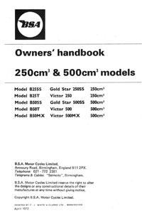 1971-72 BSA B25SS B25T B50SS B50T B50MX instruction book