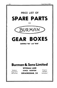1937 Burman parts list models BA BAR