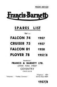 1957-1958 Francis Barnett Falcon 74 81 Cruiser 75 Plover 78 parts book