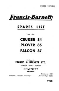 1959-1962 Francis Barnett Cruiser 84 Plover 86 Falcon 87 parts book