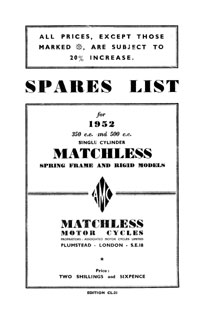 1952 Matchless Single cylinder models parts book