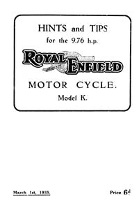 1935 Royal Enfield 'K'  9.76hp instruction book