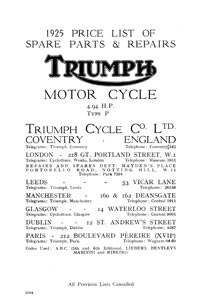 1925 Triumph Type 'P' 4.94hp parts book