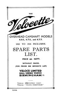 1932-1935 Velocette KSS, KTS KTT parts list